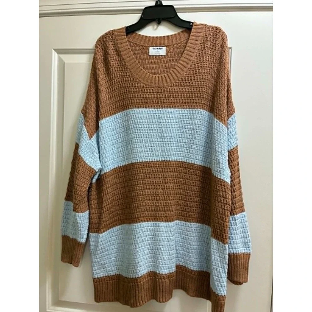 Old Navy Womens 3X Tunic Sweater Brown Blue Colorblock Waffle Knit Cozy Plus